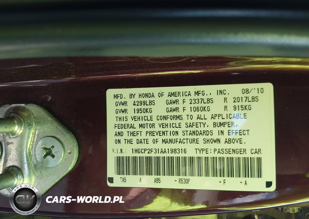 2010 Honda Accord 2.4 Lx VIN:1HGCP2F31AA198316 - 9