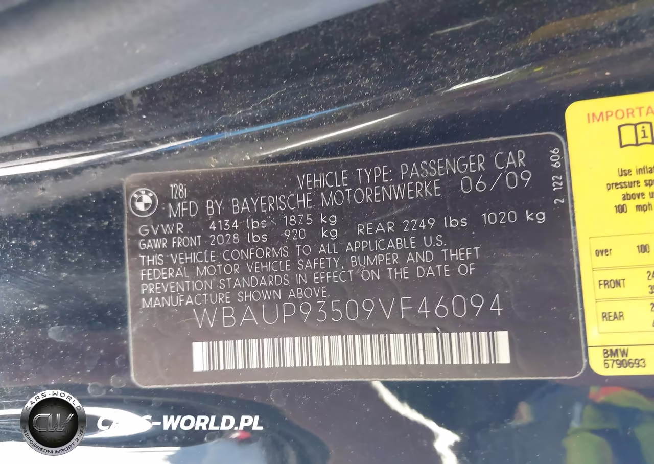 2009 BMW 128I VIN:WBAUP93509VF46094 - 9