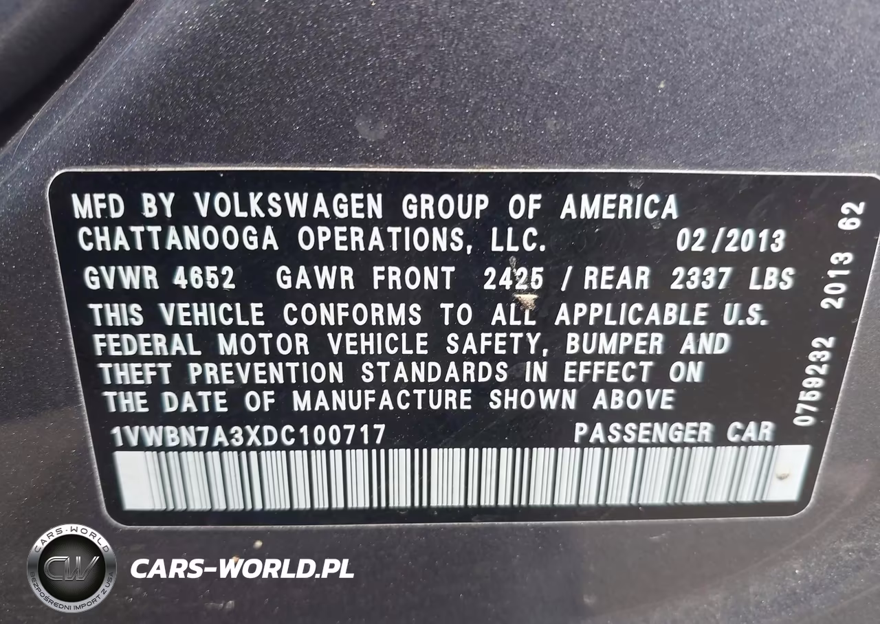 2013 Volkswagen Passat 2.0L Tdi Se VIN:1VWBN7A3XDC100717 - 9