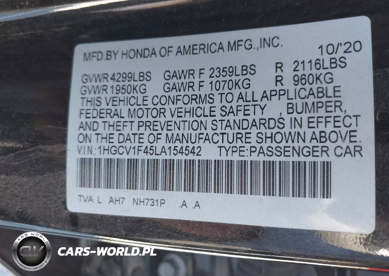 2020 Honda Accord Ex VIN:1HGCV1F45LA154542 - 9