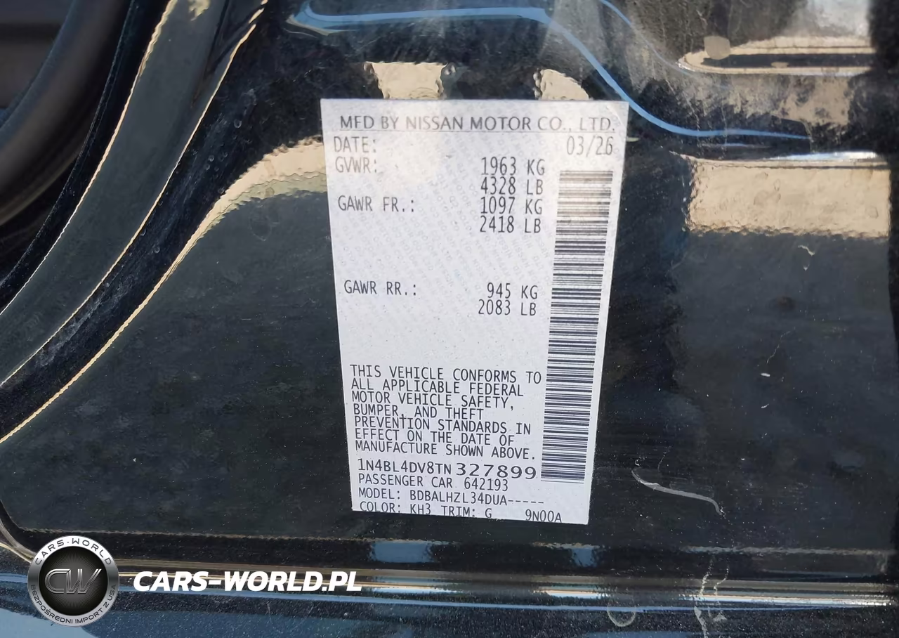 2026 Nissan Altima Sv Fwd VIN:1N4BL4DV8TN327899 - 9
