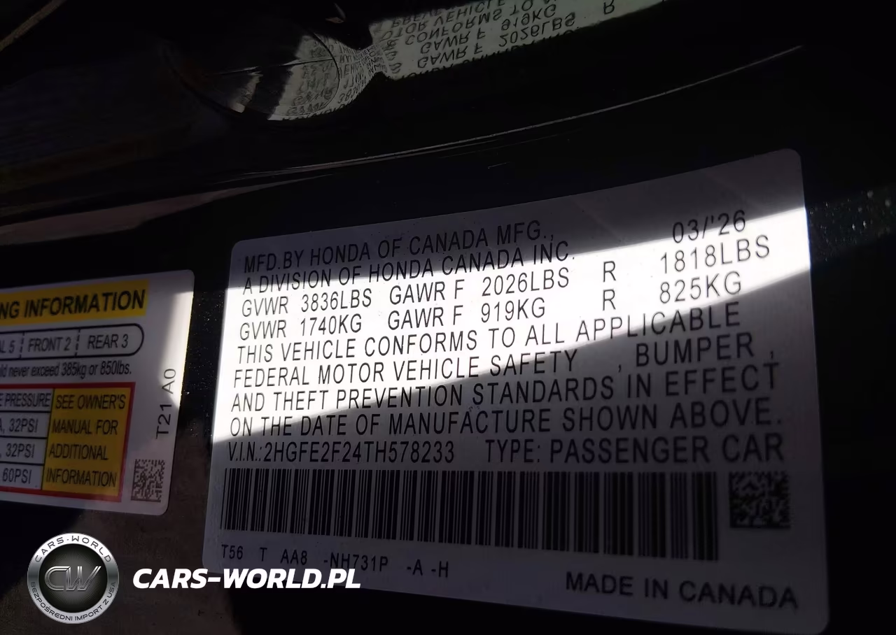2026 Honda Civic Lx VIN:2HGFE2F24TH578233 - 9