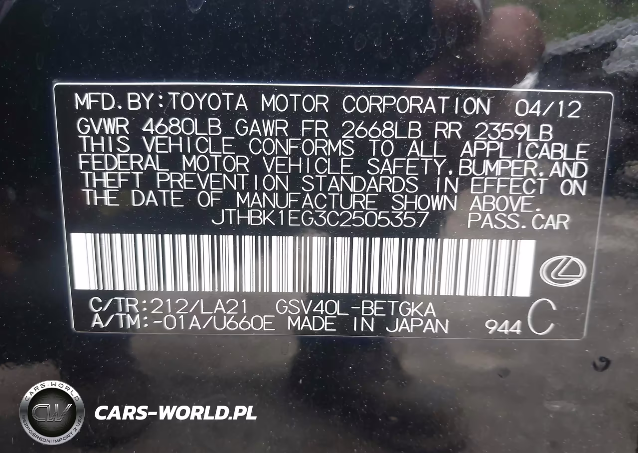2012 Lexus Es 350 VIN:JTHBK1EG3C2505357 - 9