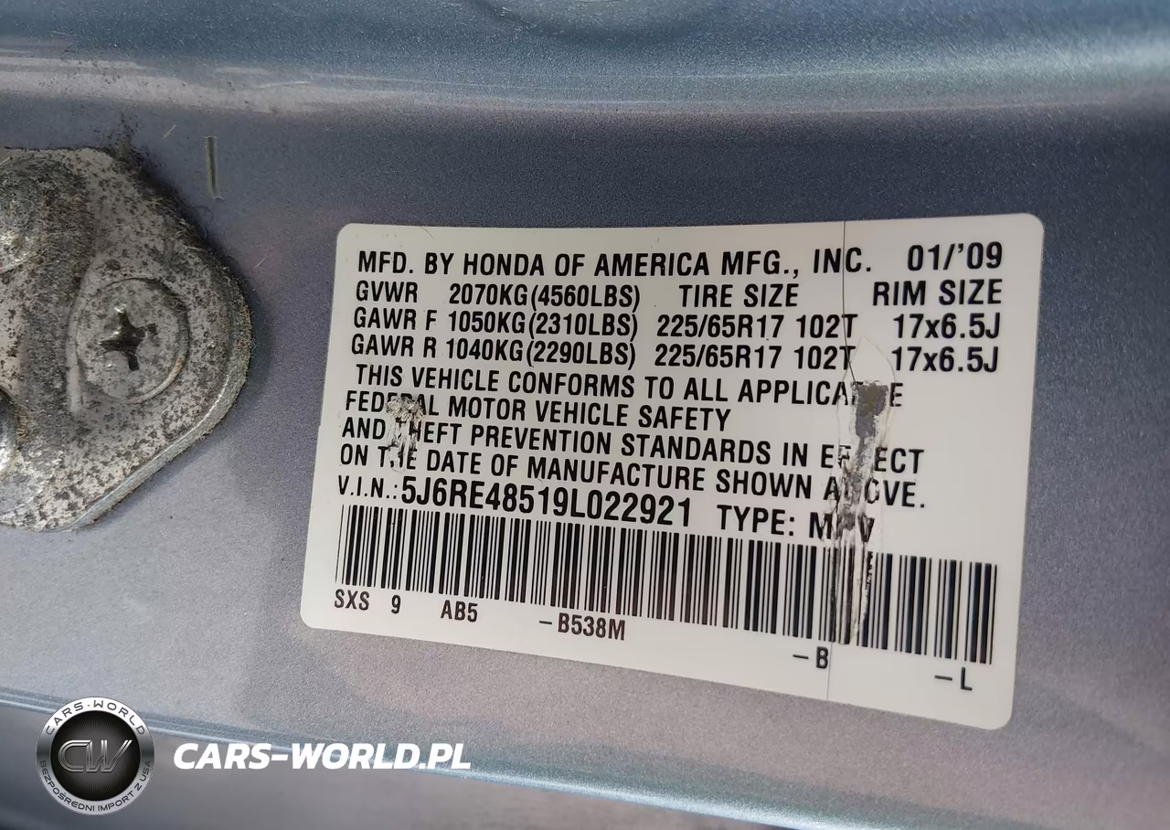 2009 Honda Cr-V Ex VIN:5J6RE48519L022921 - 9
