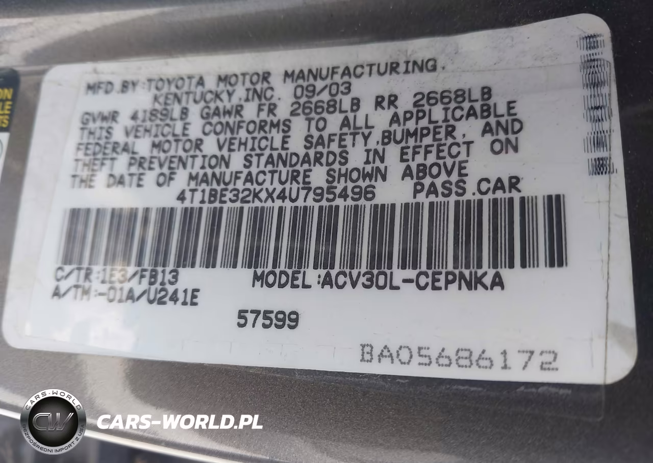 2004 Toyota Camry Le VIN:4T1BE32KX4U795496 - 9