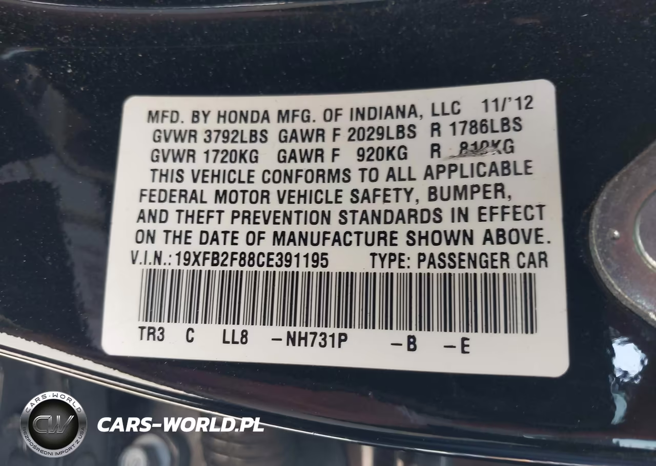 2012 Honda Civic Ex VIN:19XFB2F88CE391195 - 9