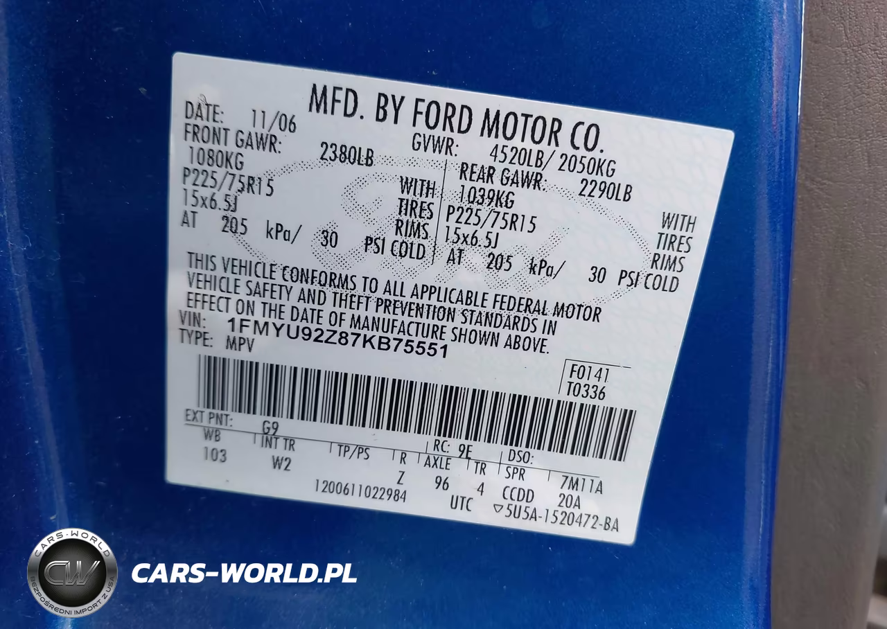 2007 Ford Escape Xls-Xls Manual VIN:1FMYU92Z87KB75551 - 9