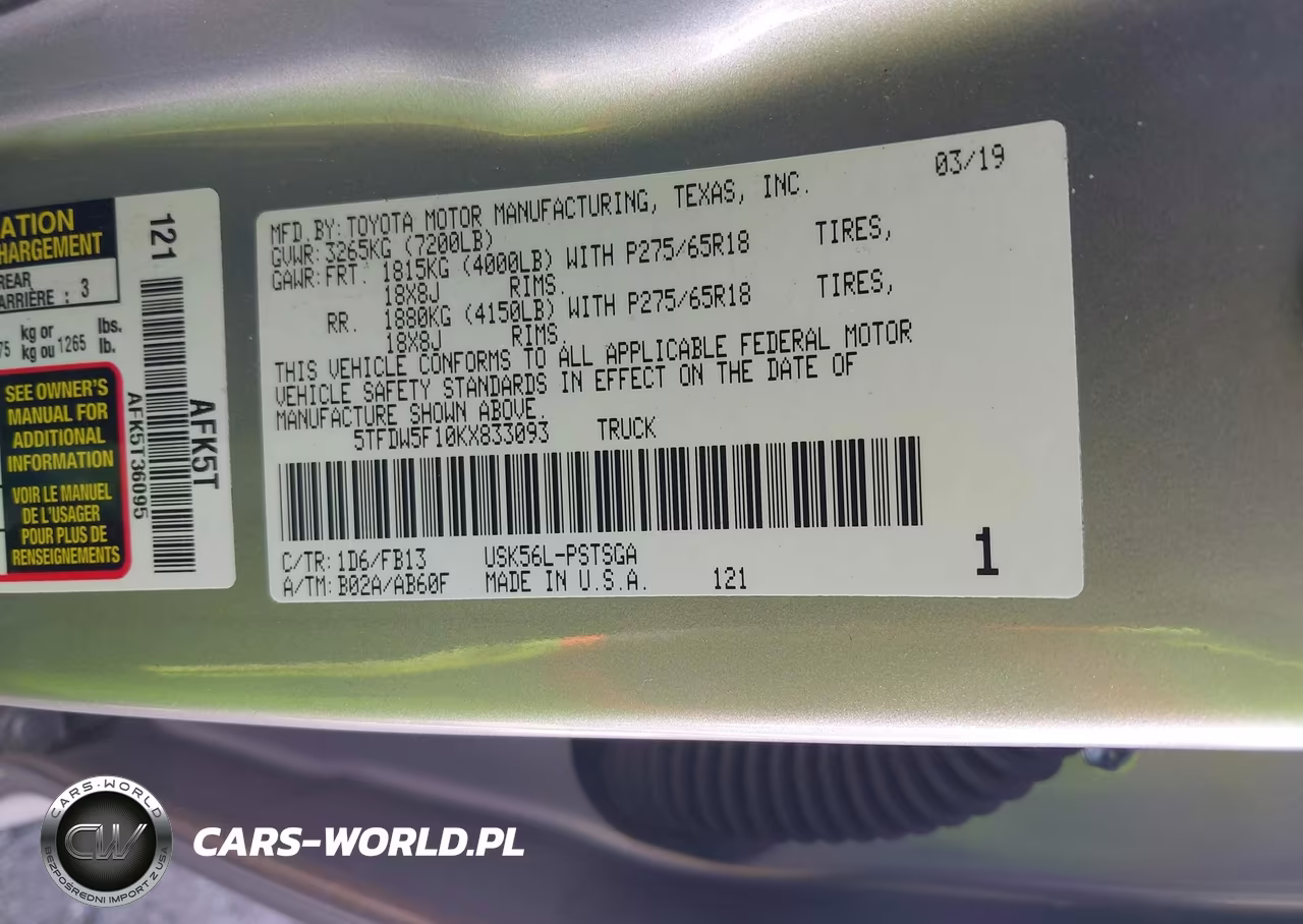 2019 Toyota Tundra Sr5 5.7L V8 VIN:5TFDW5F10KX833093 - 9