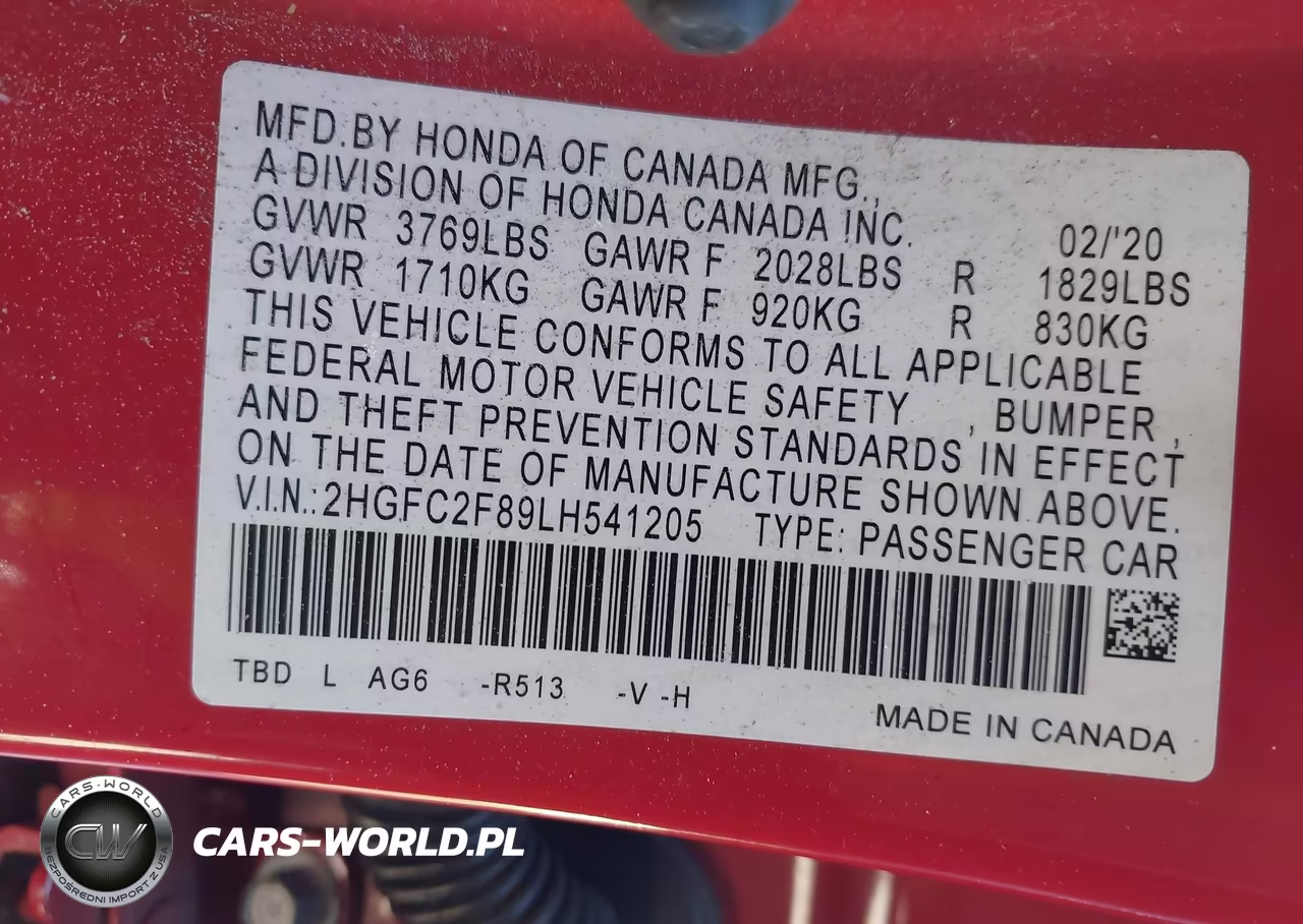2020 Honda Civic Sport VIN:2HGFC2F89LH541205 - 9