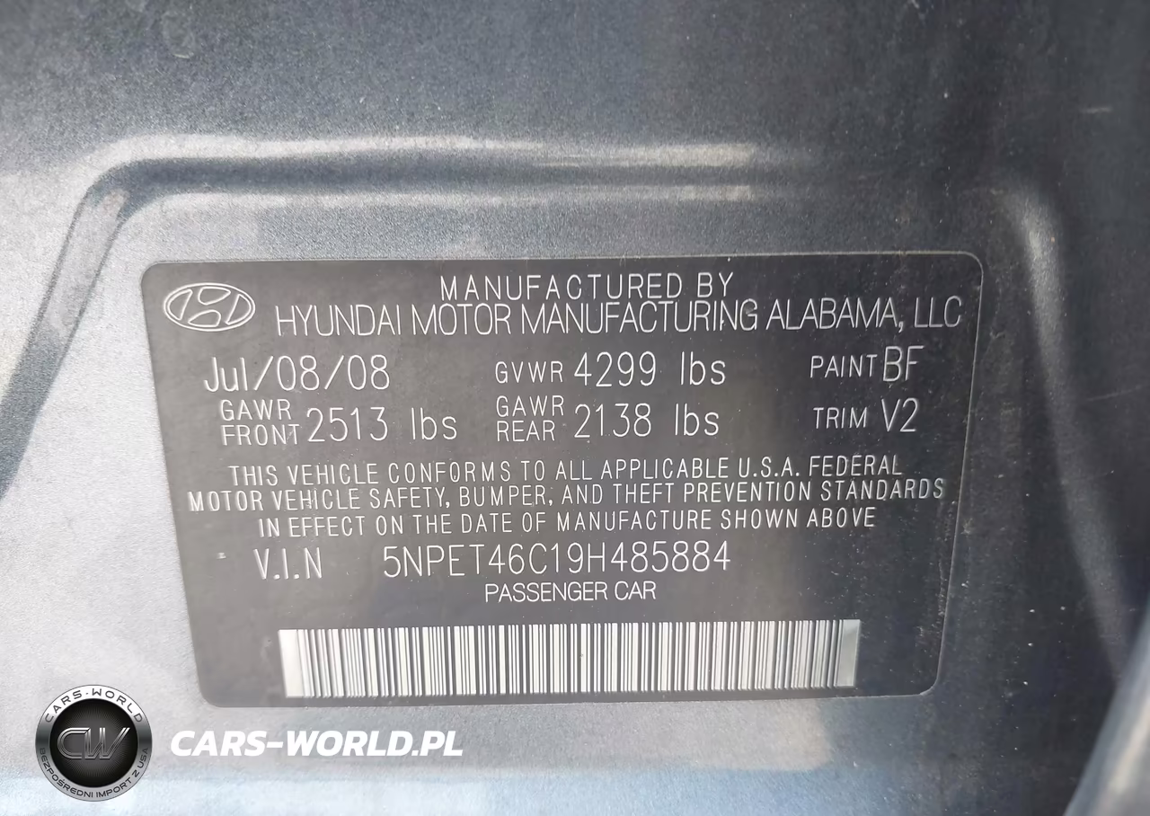 2009 Hyundai Sonata Gls VIN:5NPET46C19H485884 - 9