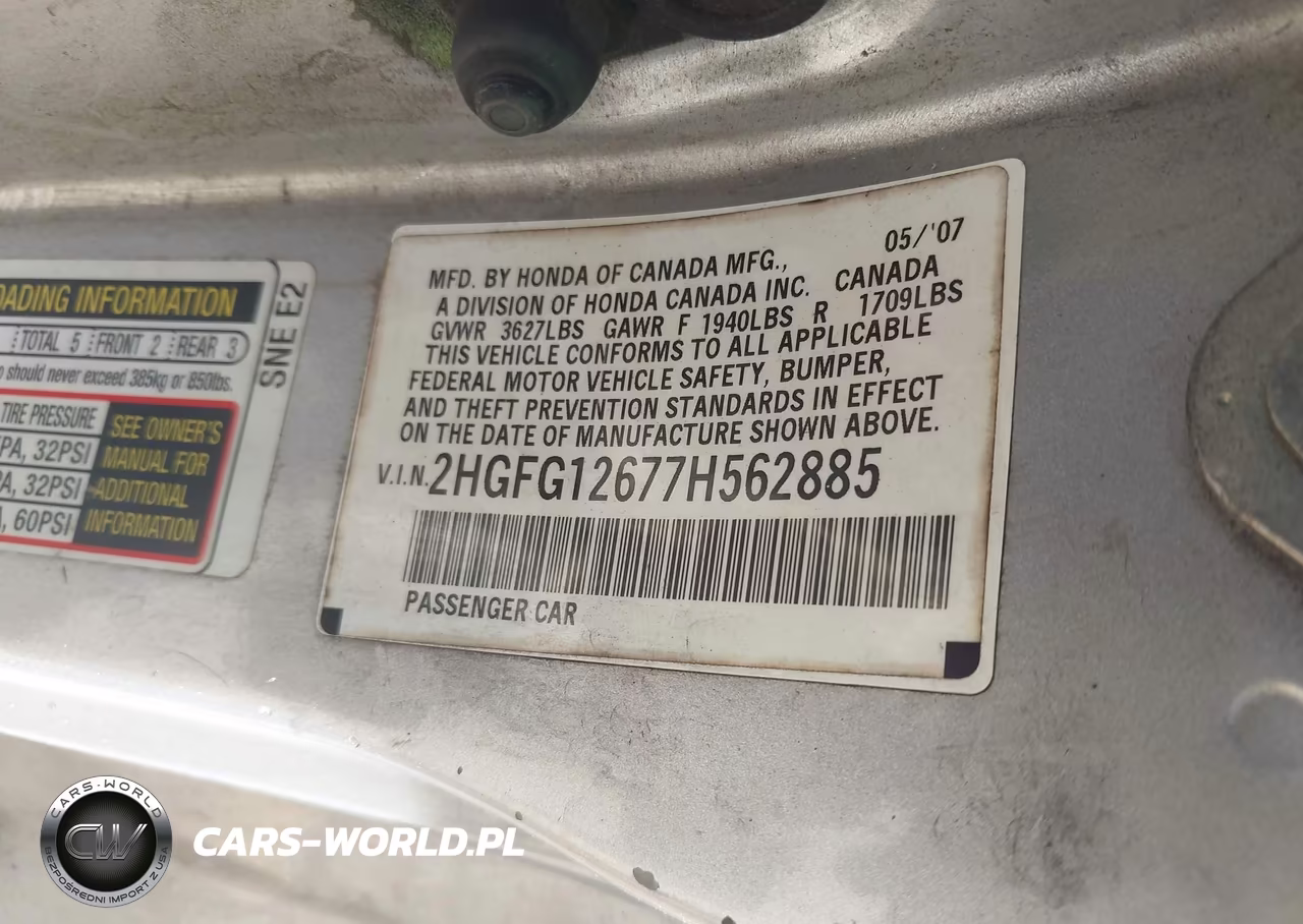 2007 Honda Civic Lx VIN:2HGFG12677H562885 - 9