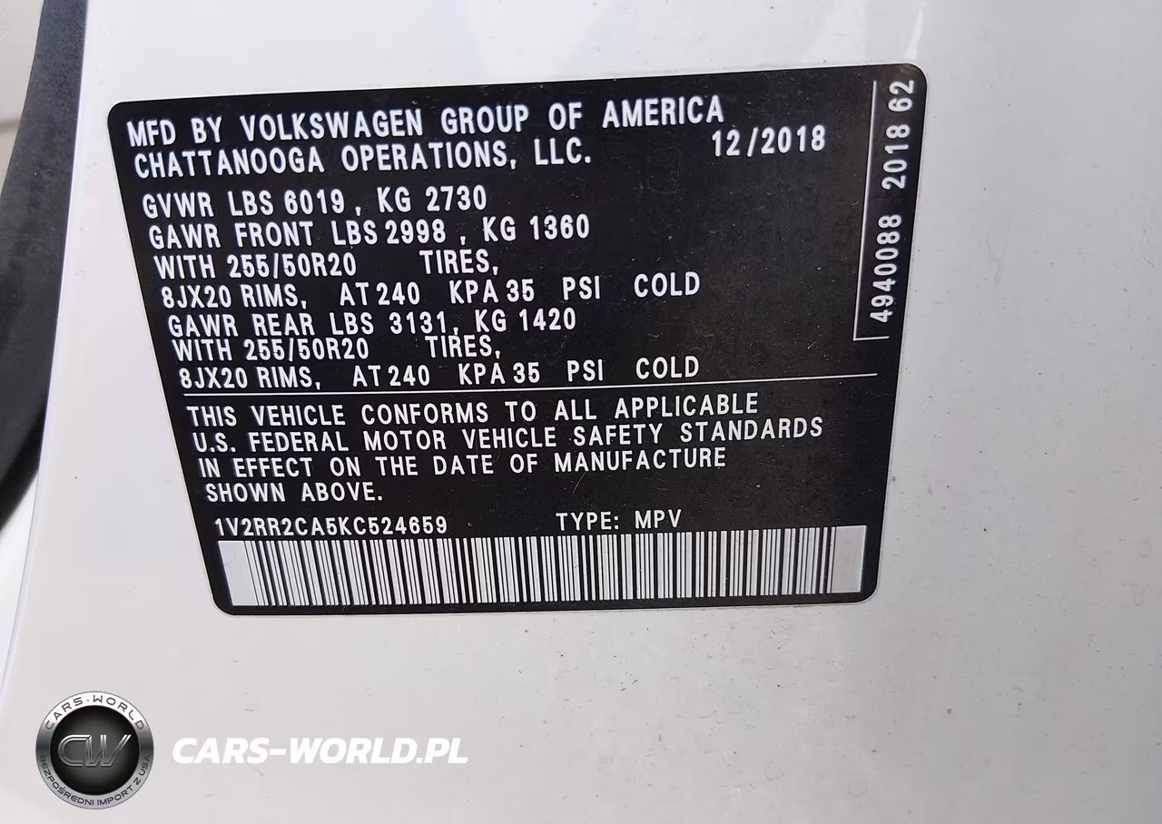 2019 Volkswagen Atlas 3.6L V6 Sel R-Line VIN:1V2RR2CA5KC524659 - 9