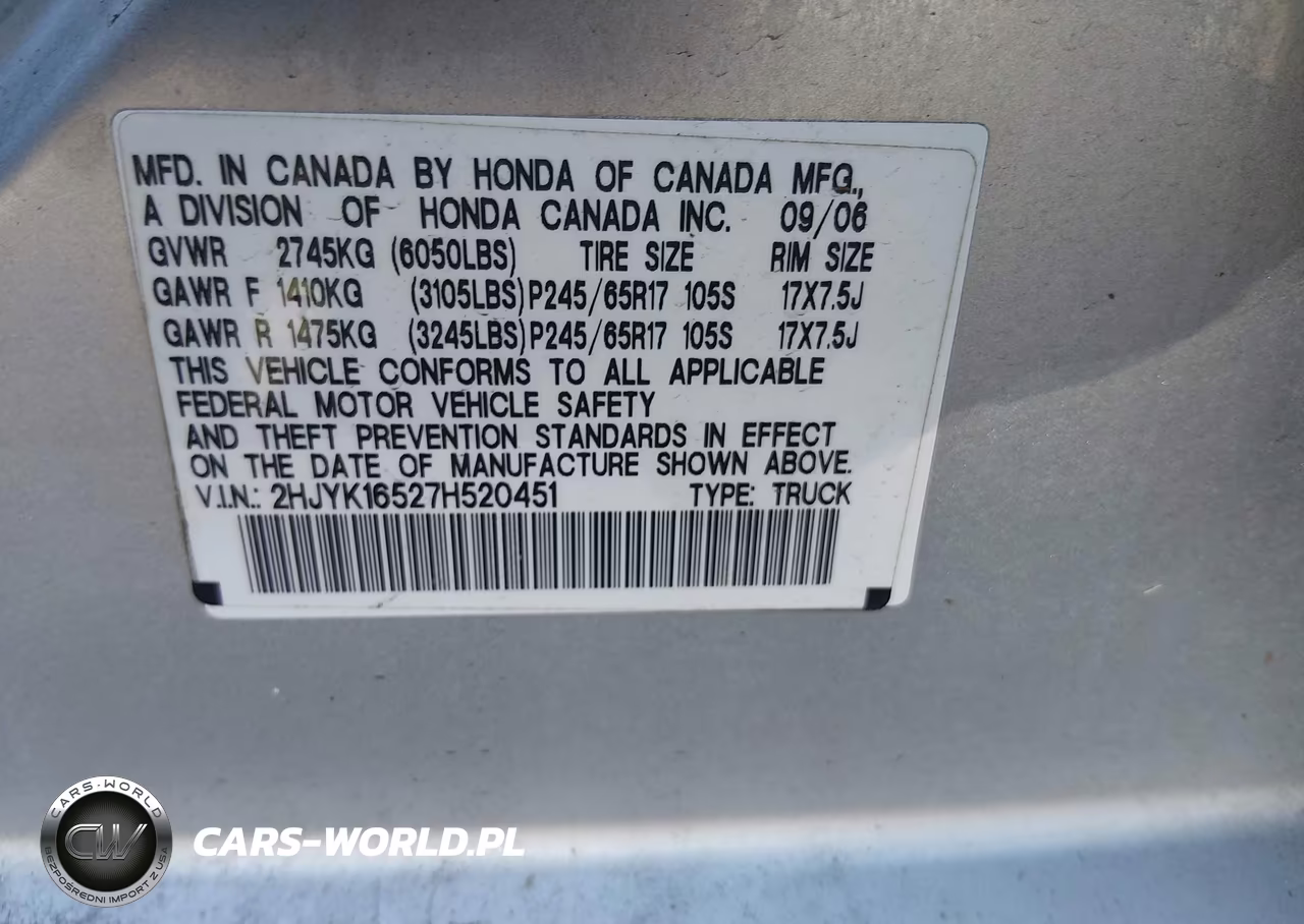 2007 Honda Ridgeline Rtl VIN:2HJYK16527H520451 - 9