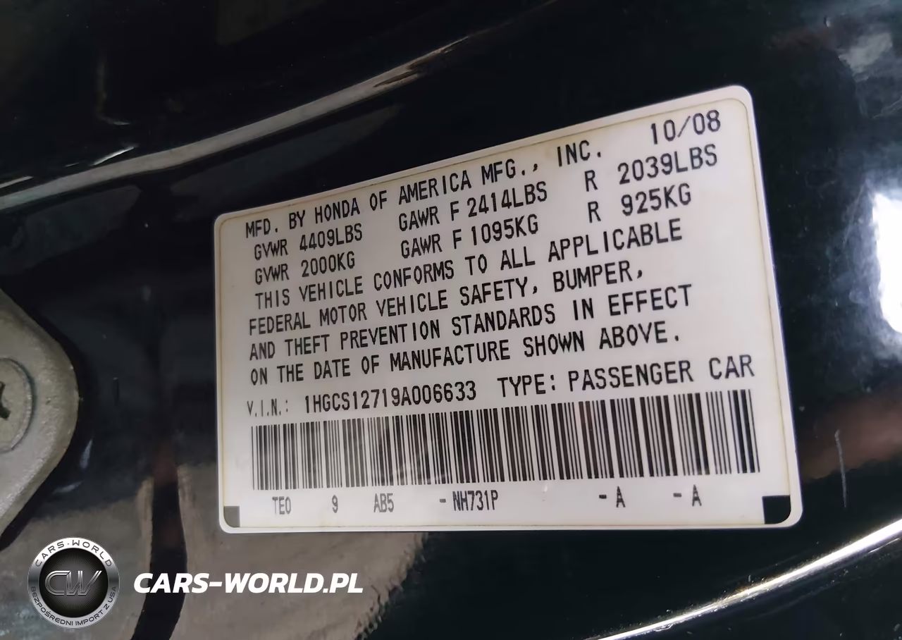 2009 Honda Accord 2.4 Ex VIN:1HGCS12719A006633 - 9