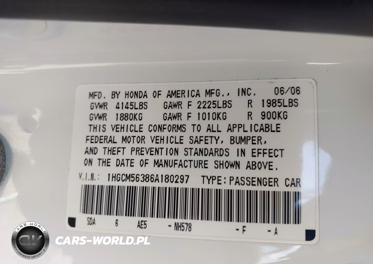 2006 Honda Accord 2.4 Se VIN:1HGCM56386A180297 - 9