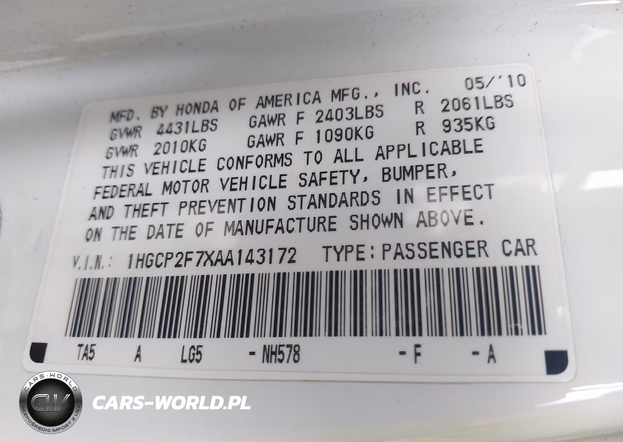 2010 Honda Accord 2.4 Ex VIN:1HGCP2F7XAA143172 - 9