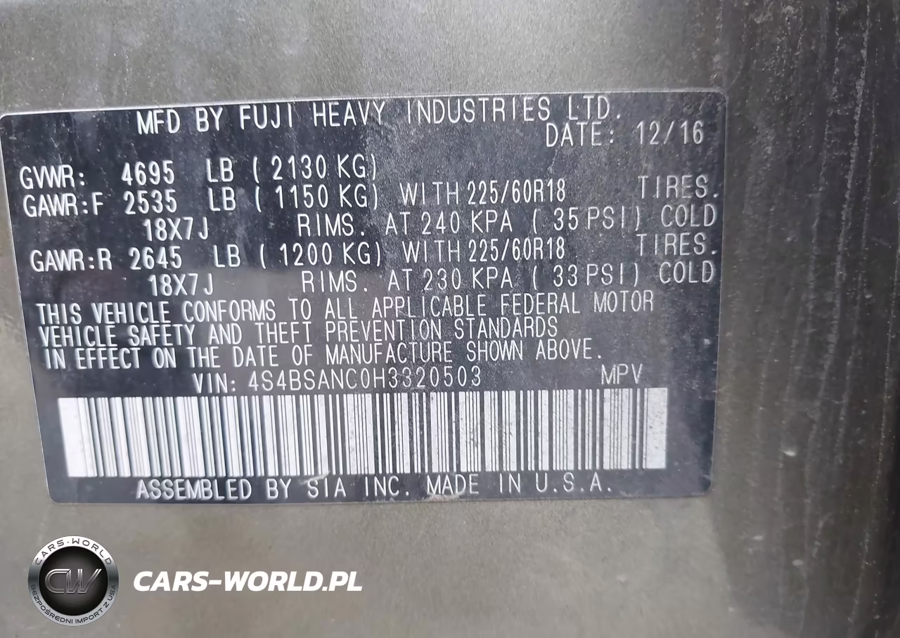 2017 Subaru Outback 2.5I Limited VIN:4S4BSANC0H3320503 - 9