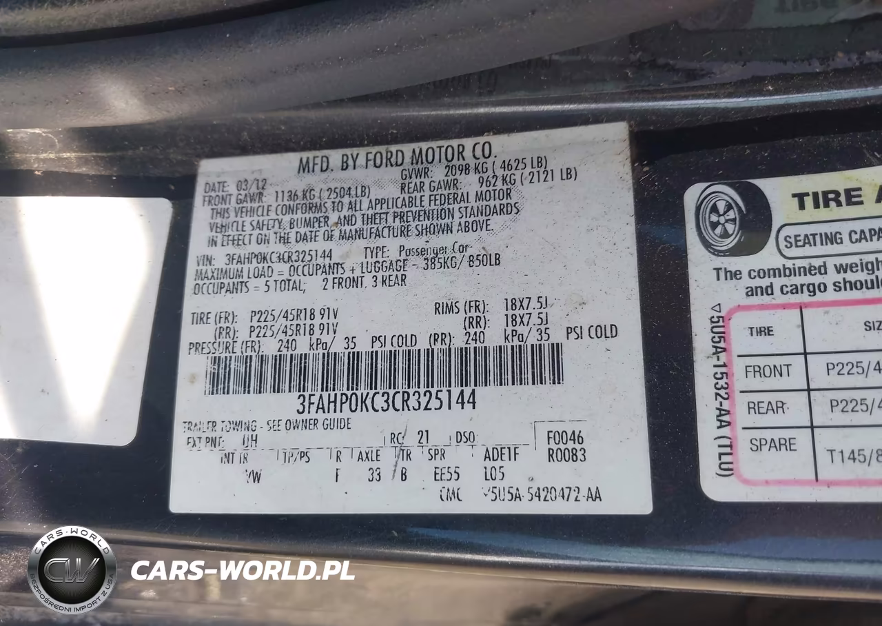 2012 Ford Fusion Sport VIN:3FAHP0KC3CR325144 - 9
