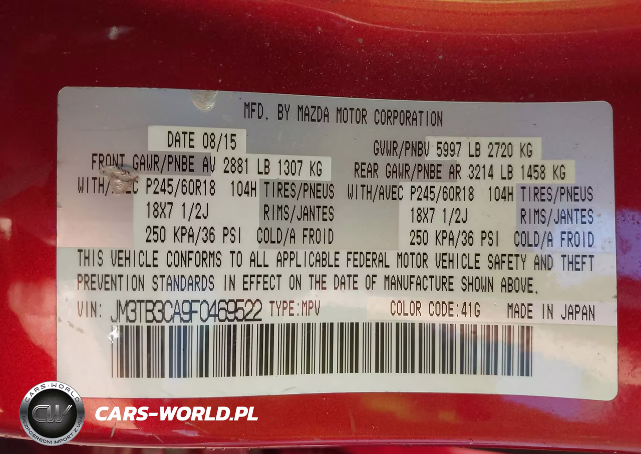 2015 Mazda Cx-9 Touring VIN:JM3TB3CA9F0469522 - 9