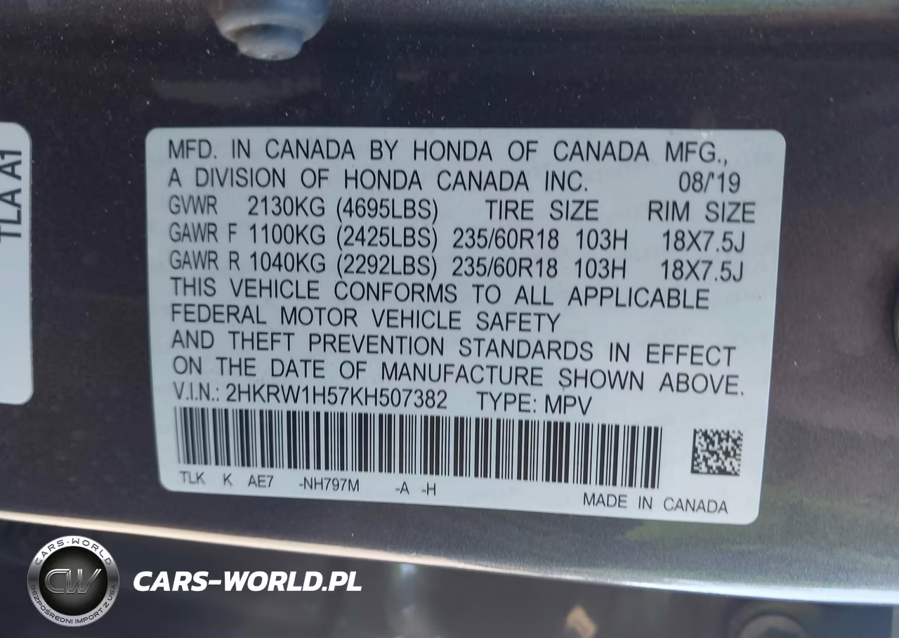 2019 Honda Cr-V Ex VIN:2HKRW1H57KH507382 - 9