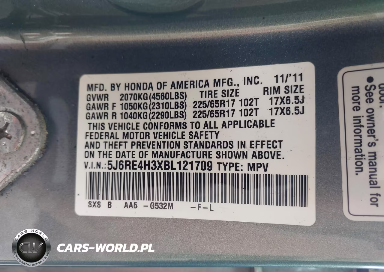 2011 Honda Cr-V Lx VIN:5J6RE4H3XBL121709 - 9