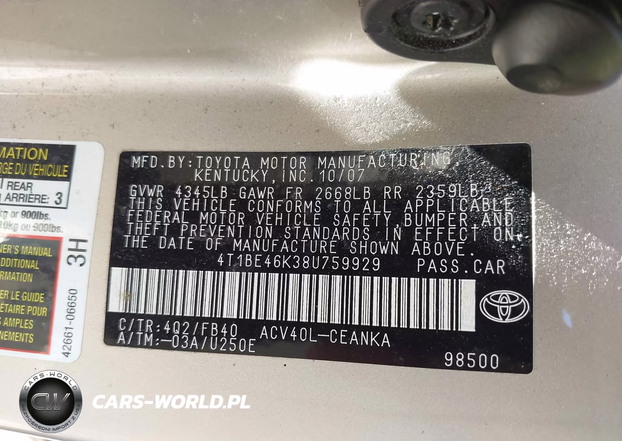 2008 Toyota Camry Le VIN:4T1BE46K38U759929 - 9