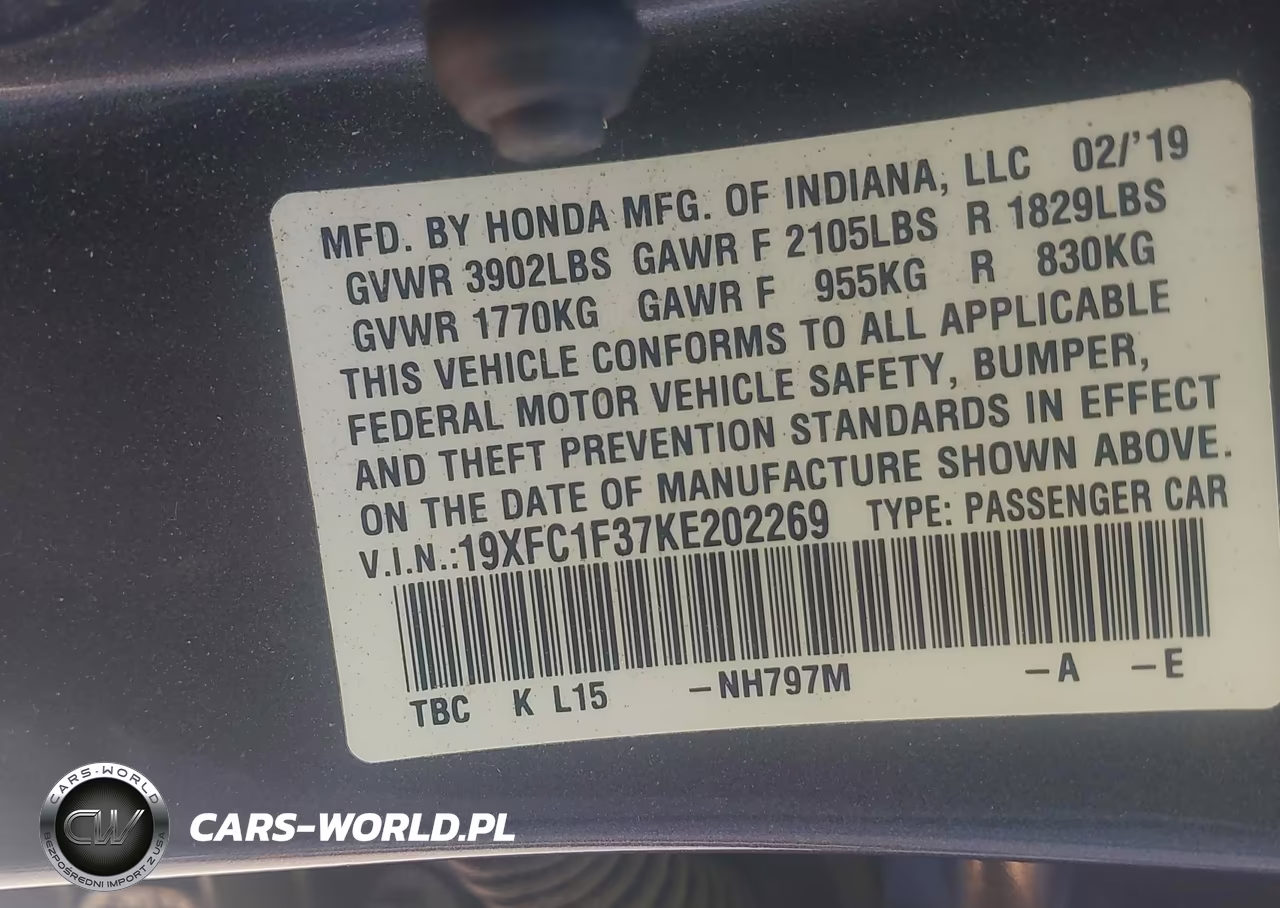 2019 Honda Civic Ex VIN:19XFC1F37KE202269 - 9