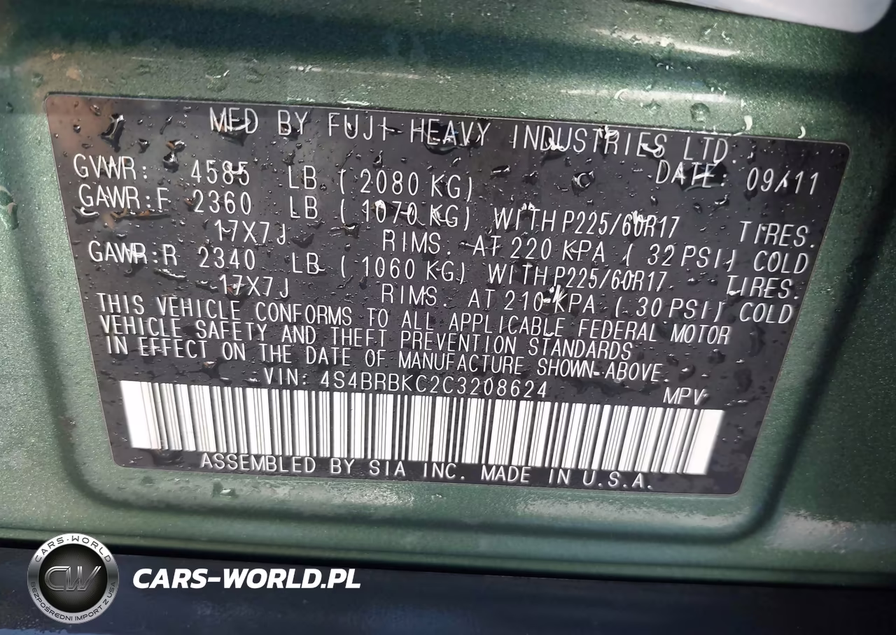 2012 Subaru Outback 2.5I Limited VIN:4S4BRBKC2C3208624 - 9