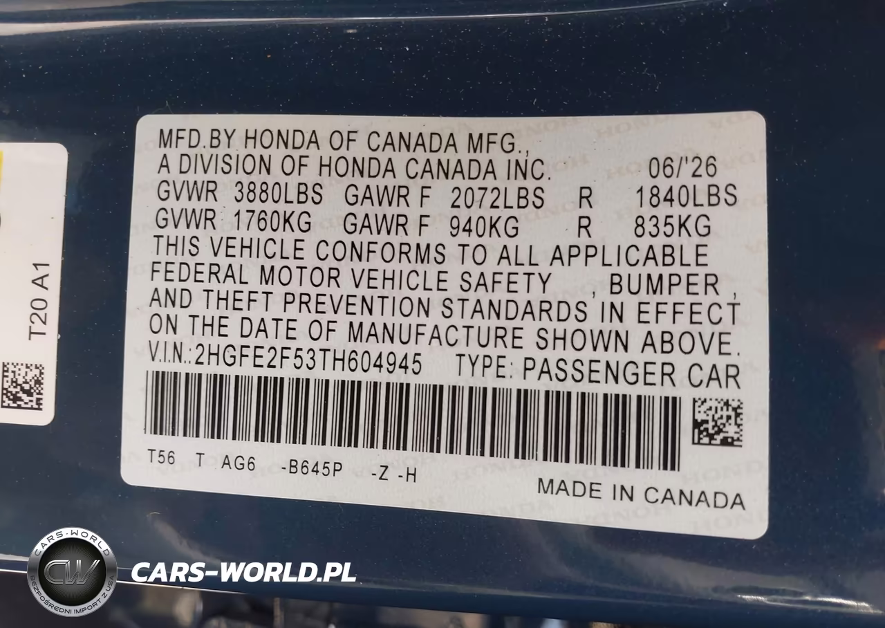 2026 Honda Civic Sport VIN:2HGFE2F53TH604945 - 9