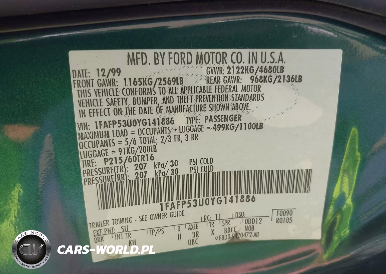 2000 Ford Taurus Se VIN:1FAFP53U0YG141886 - 9