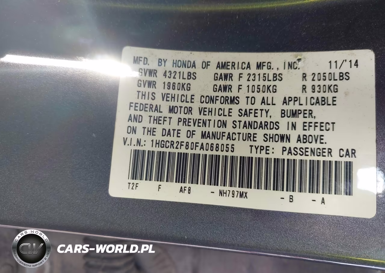 2015 Honda Accord Ex-L VIN:1HGCR2F80FA068055 - 9