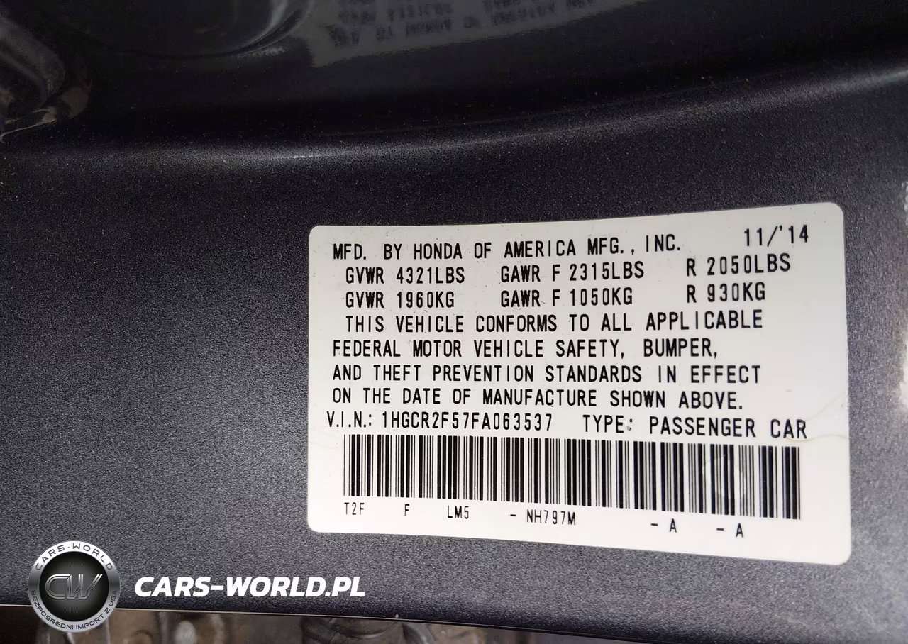 2015 Honda Accord Sport VIN:1HGCR2F57FA063537 - 9