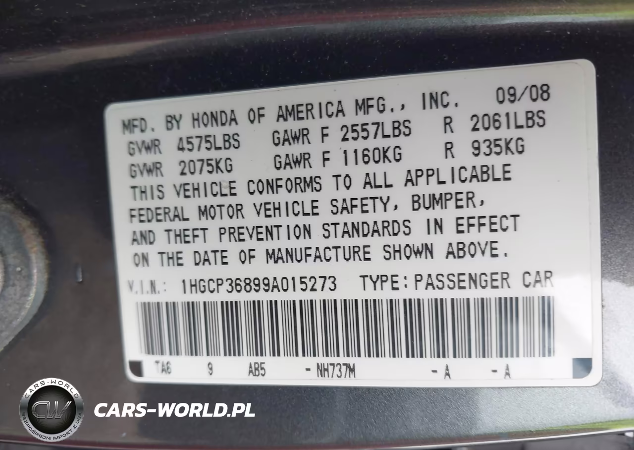2009 Honda Accord 3.5 Ex-L VIN:1HGCP36899A015273 - 9