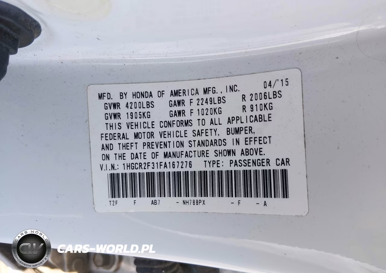 2015 Honda Accord Lx VIN:1HGCR2F31FA167276 - 9