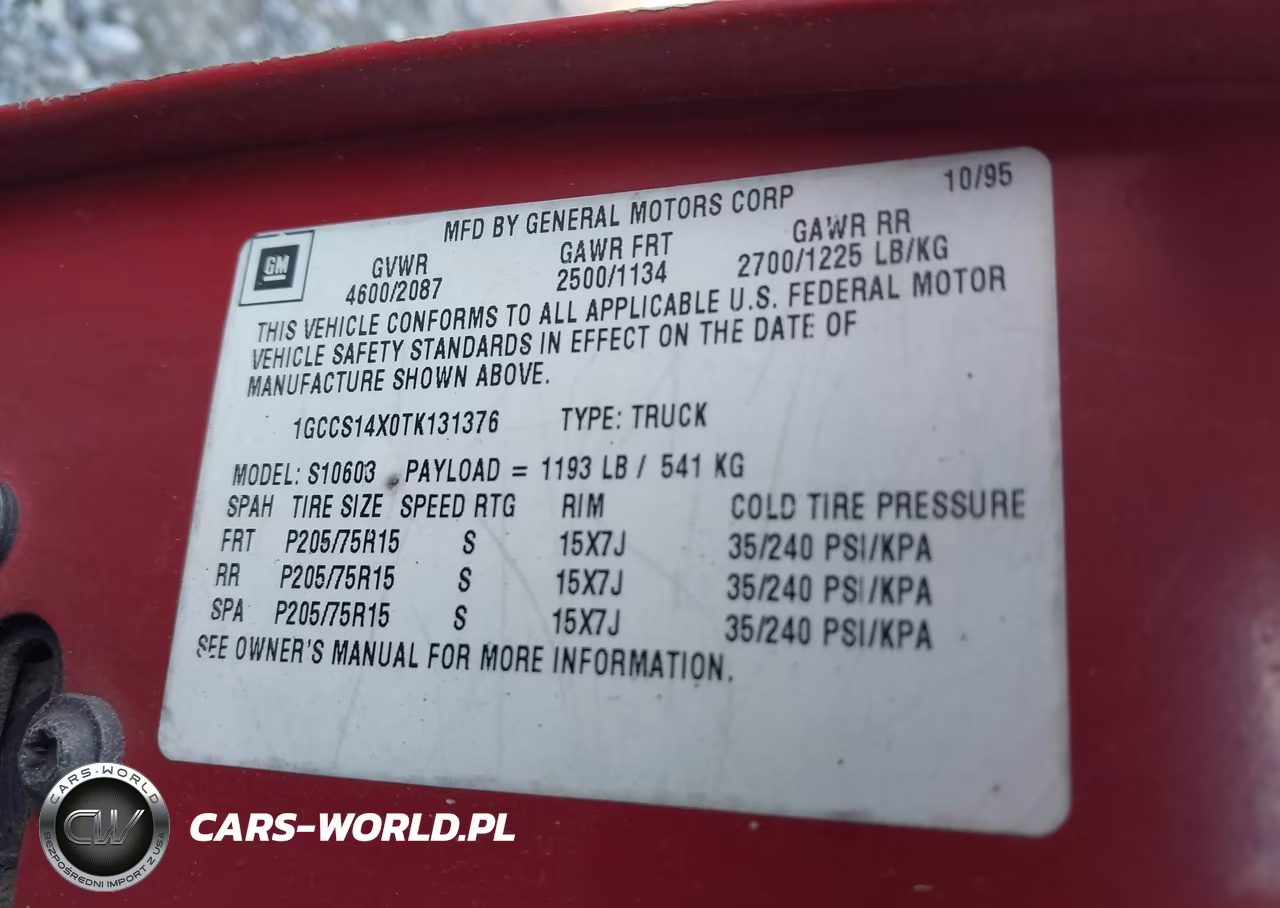 1996 Chevrolet S Truck S10 VIN:1GCCS14X0TK131376 - 9