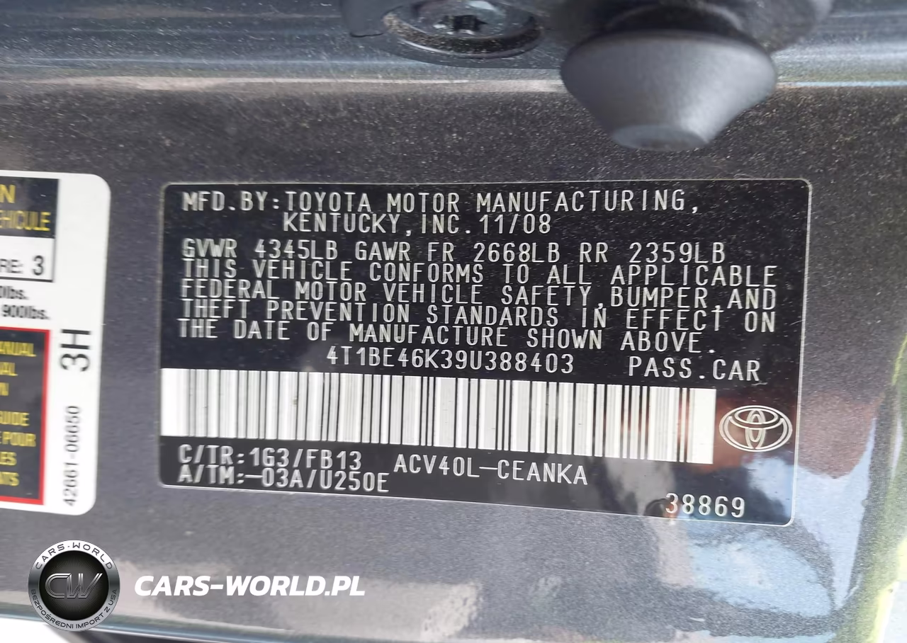 2009 Toyota Camry Le VIN:4T1BE46K39U388403 - 9