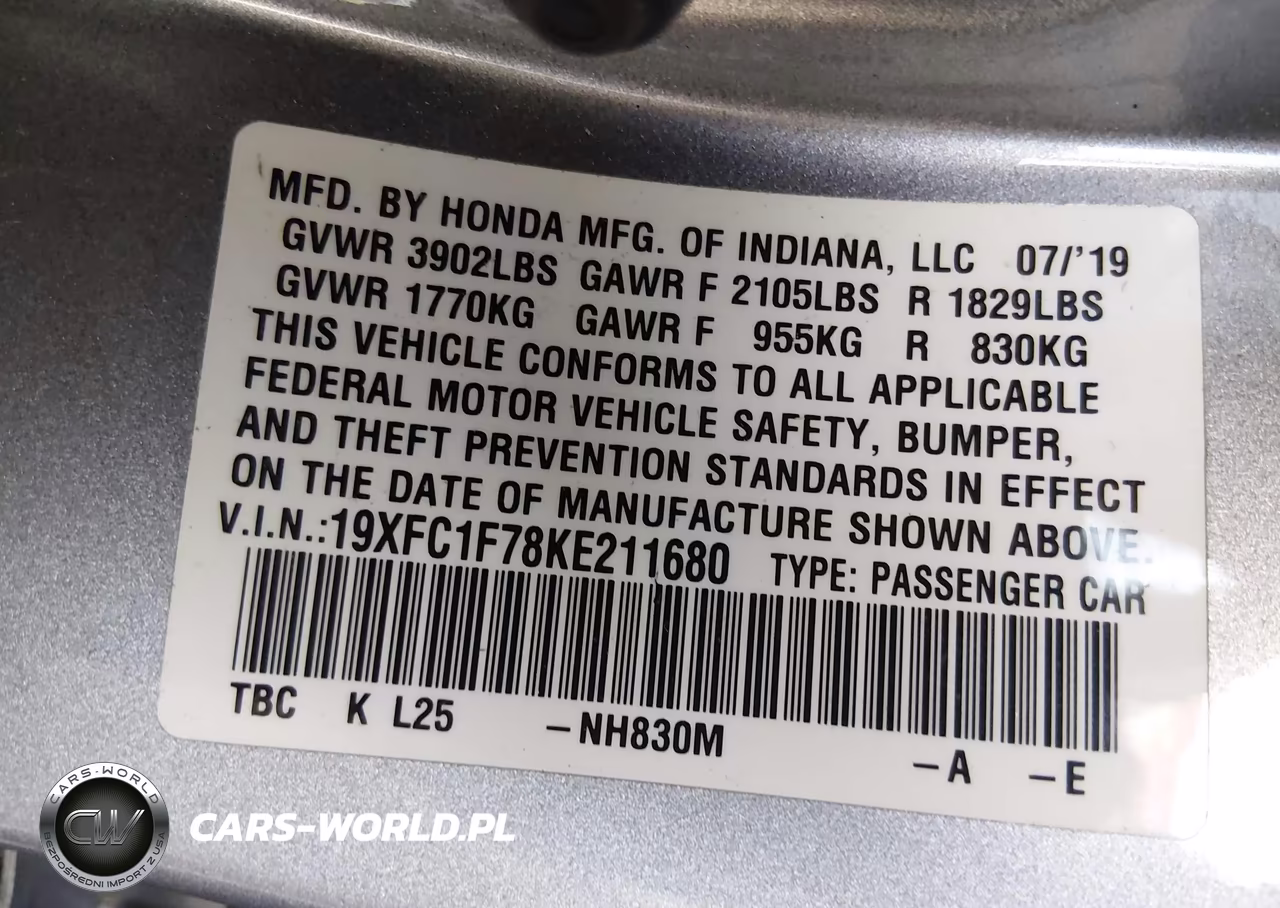 2019 Honda Civic Ex-L VIN:19XFC1F78KE211680 - 9
