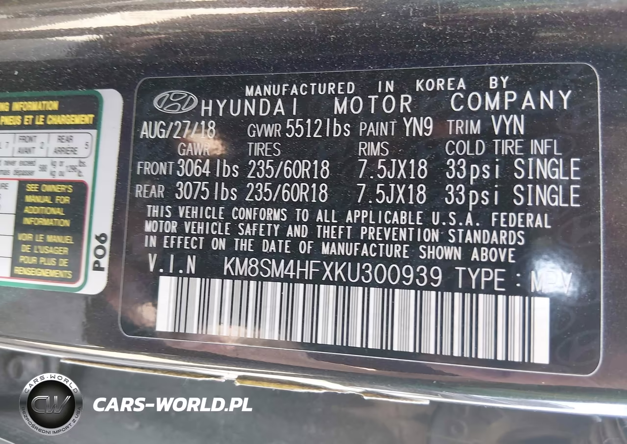 2019 Hyundai Santa Fe Xl Se VIN:KM8SM4HFXKU300939 - 9