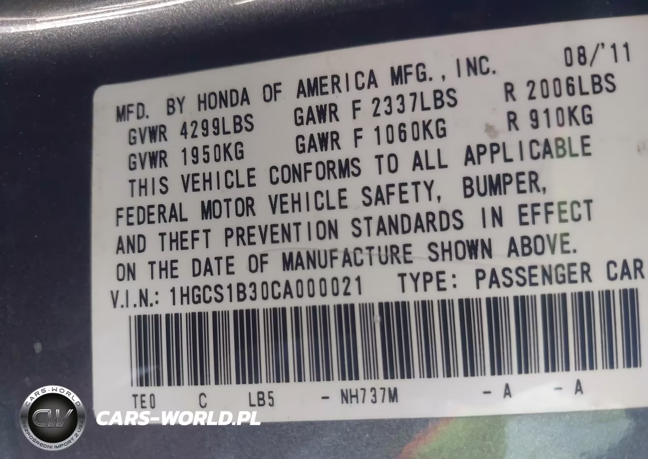 2012 Honda Accord 2.4 Lx-S VIN:1HGCS1B30CA000021 - 9