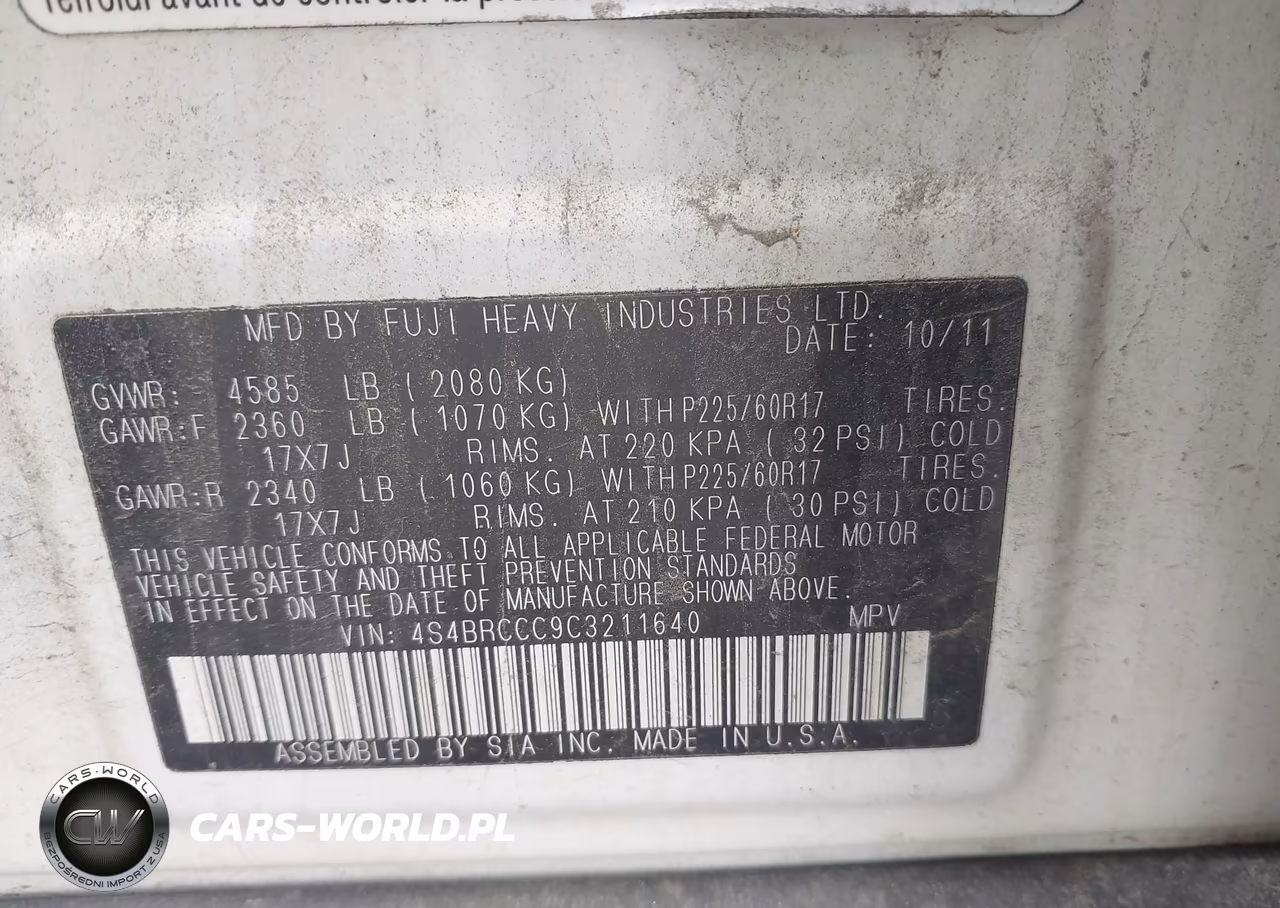 2012 Subaru Outback 2.5I Premium VIN:4S4BRCCC9C3211640 - 9