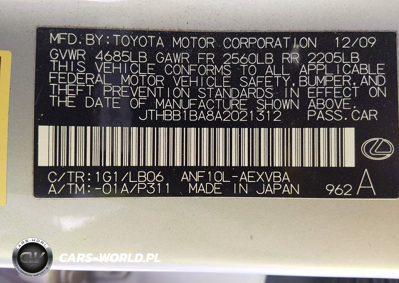 2010 Lexus Hs 250H VIN:JTHBB1BA8A2021312 - 9