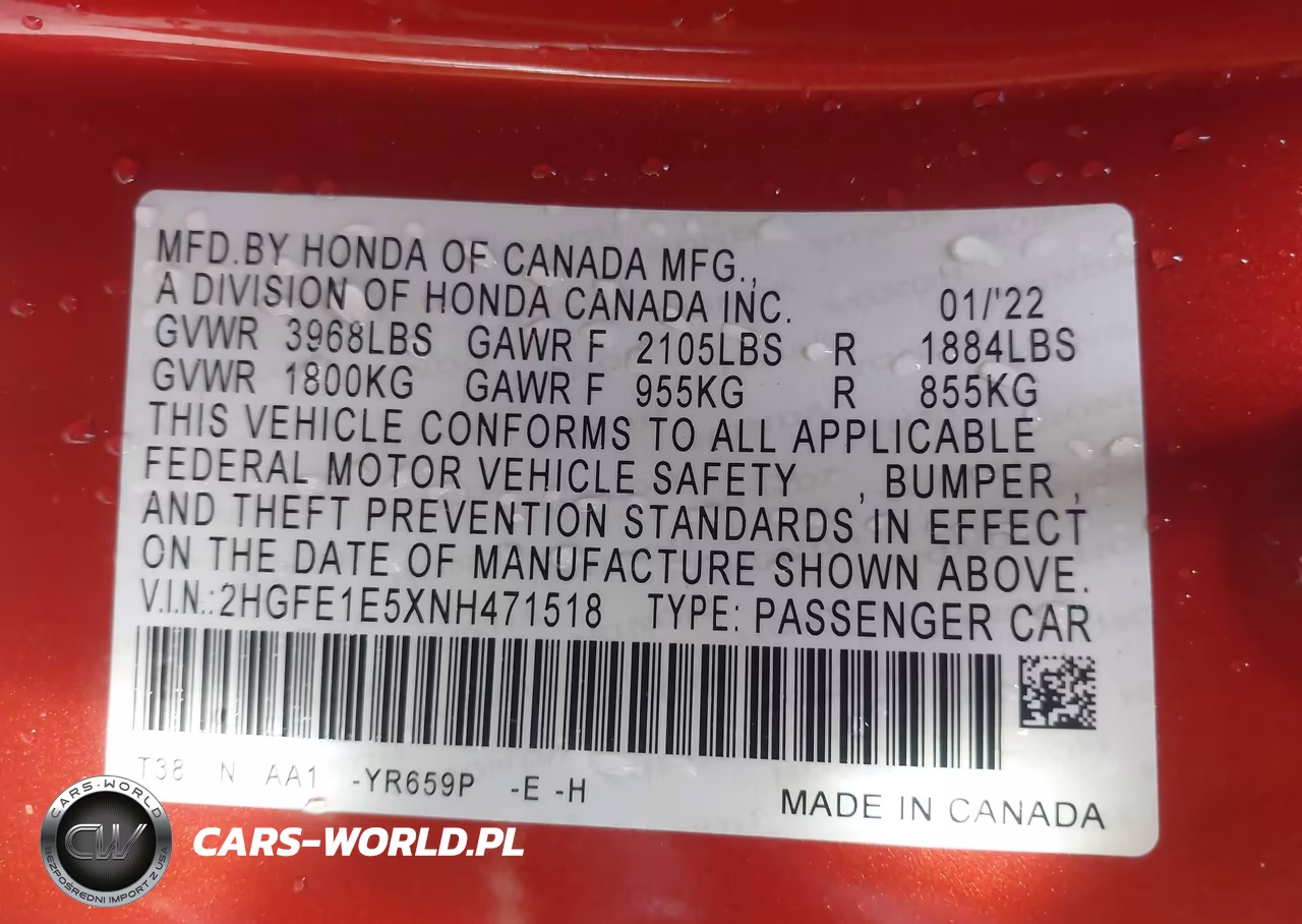 2022 Honda Civic Si Sedan VIN:2HGFE1E5XNH471518 - 9