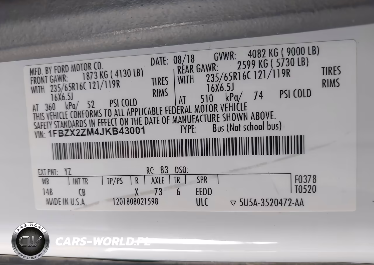 2018 Ford Transit-350 Xl VIN:1FBZX2ZM4JKB43001 - 9