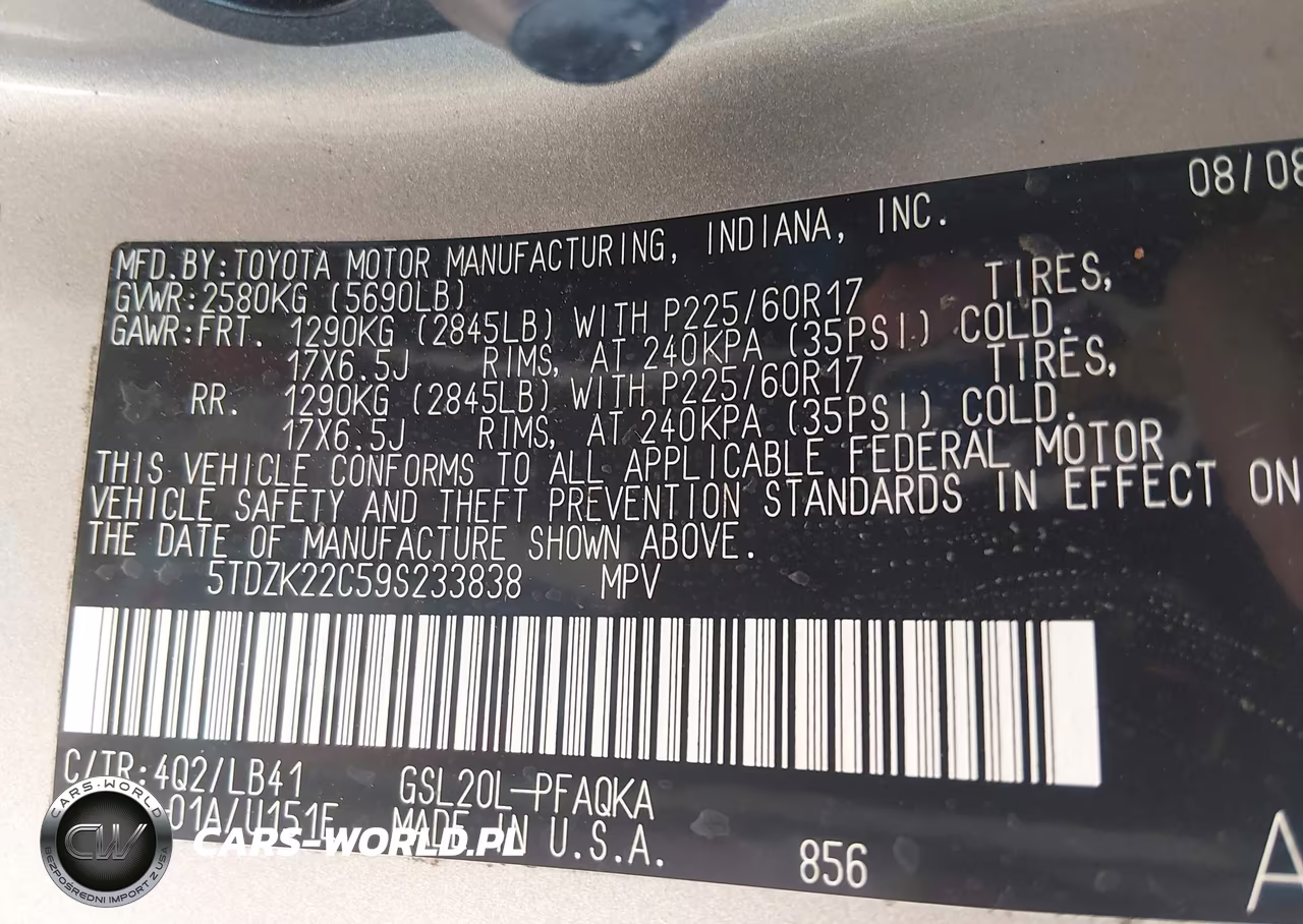 2009 Toyota Sienna Xle VIN:5TDZK22C59S233838 - 9