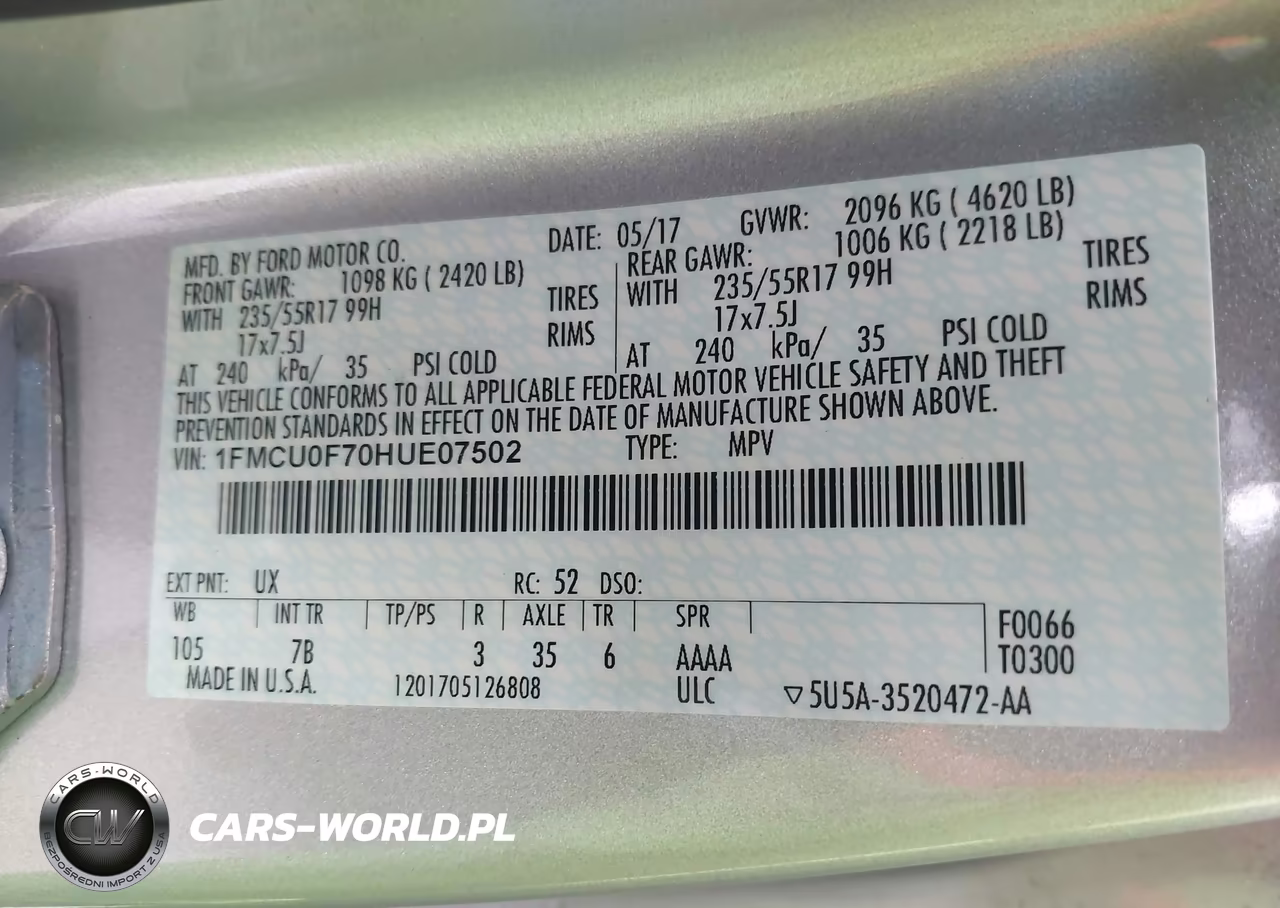 2017 Ford Escape S VIN:1FMCU0F70HUE07502 - 9