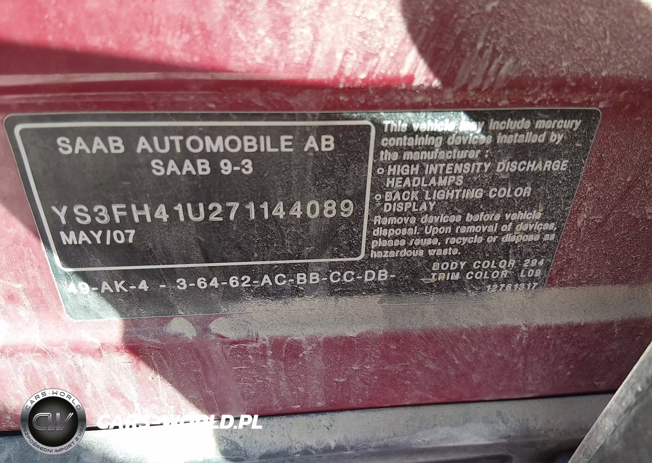 2007 Saab 9-3 Aero VIN:YS3FH41U271144089 - 9
