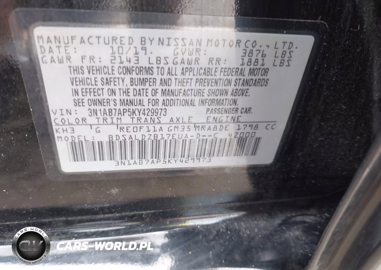 NISSAN SENTRA S VIN:3N1AB7AP5KY429973 - 9
