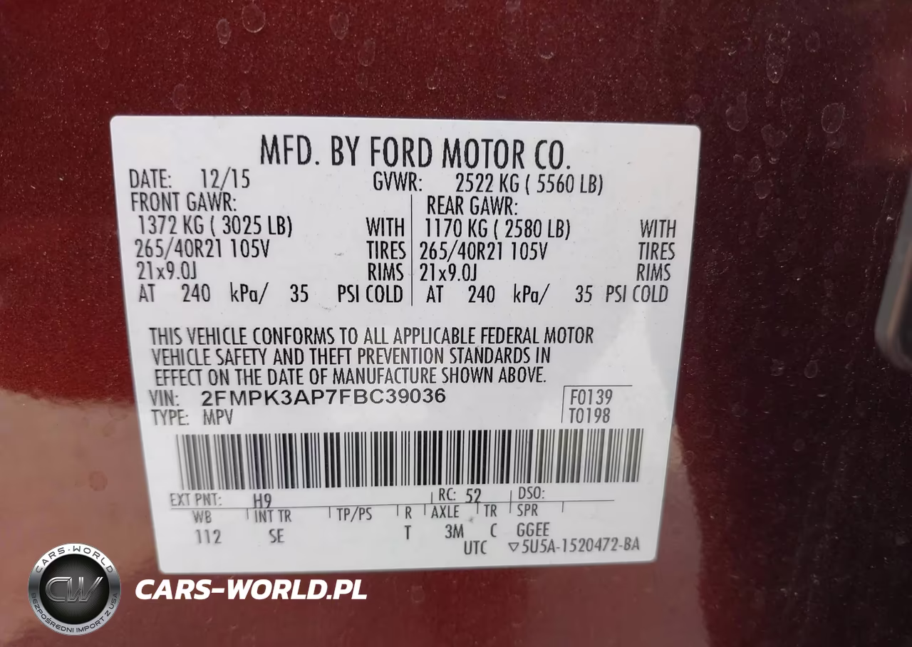 2015 Ford Edge Sport VIN:2FMPK3AP7FBC39036 - 9