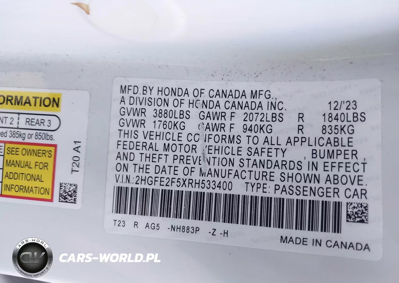 2024 Honda Civic Sport VIN:2HGFE2F5XRH533400 - 9