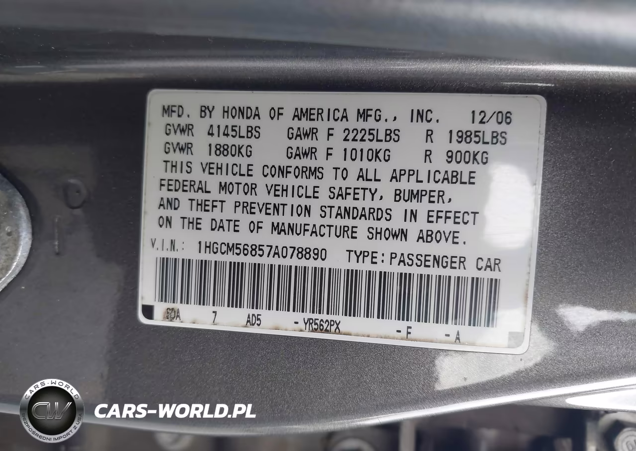 2007 Honda Accord 2.4 Ex VIN:1HGCM56857A078890 - 9